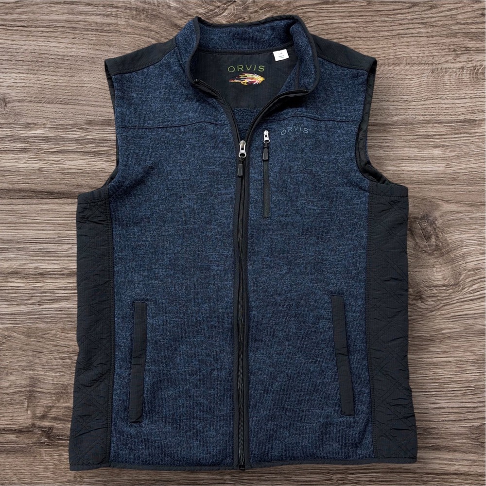 Orvis Mens Sweater Fleece Vest Blue Full Zip Hybrid Woven‎ Panels Large 1131493